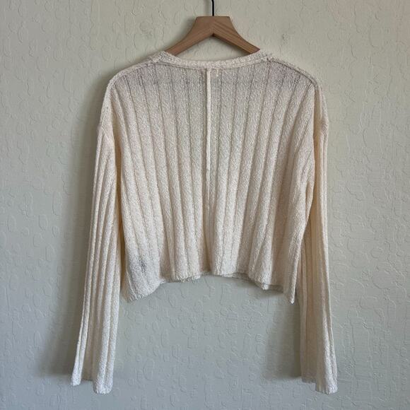 POL Hear Me Out Cropped Ribbed One Button Bell Sleeve Cardigan Small Cream Boho - Picture 10 of 10